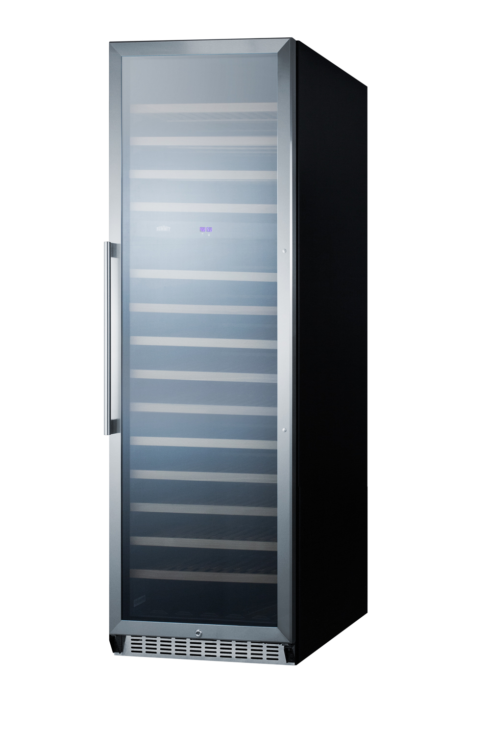 2-zone 160 bottle commercial wine cellar designed for the display and refrigeration of beverages, with glass door, digital thermostat, and black cabinet